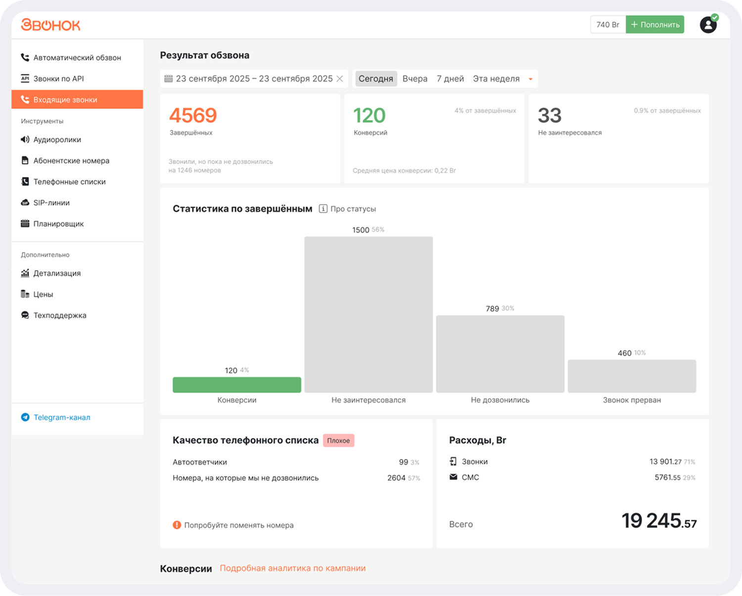 Интерфейс раздела Автоматический обзвон