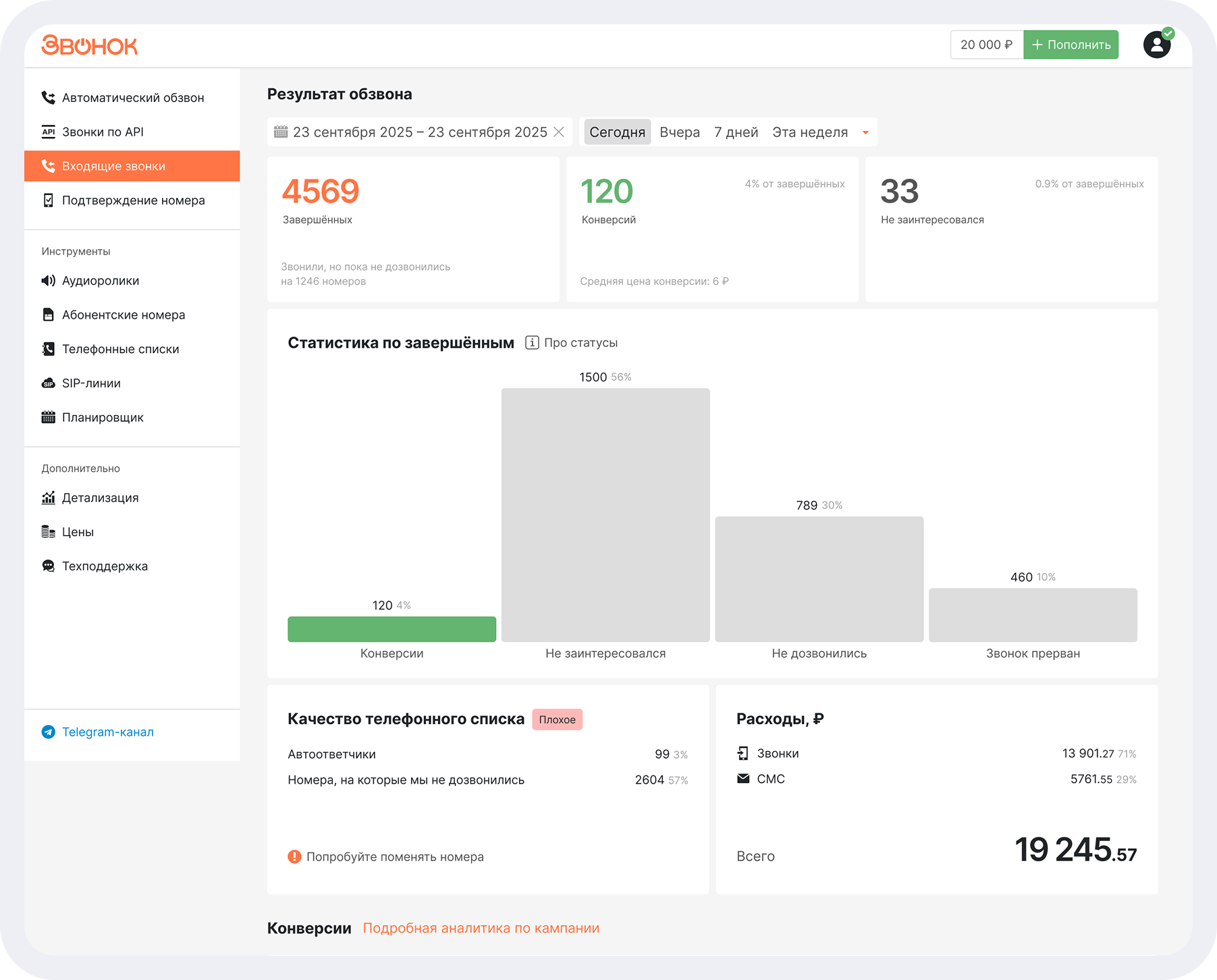 Интерфейс раздела 'Автоматический обзвон'